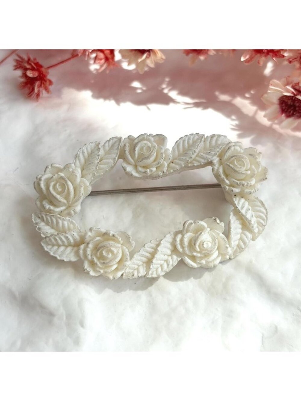 Mother of Pearl White Floral Vintage Handcarved Brooch